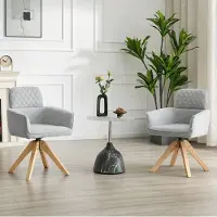 OKWISH Eetkamerstoel – 360 Graden Draaibaar – Set Van 2 Met Armleuningen – Wabi-Sabi Ruitstiksel Voor Eethoek Of Werkplek – Stof En Hout – Lichtgrijs