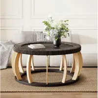 STILVORA Salontafel - Ronde Tafel Met Gebogen Poten En Rotanlook - Voor Woonkamer En Open Ruimte - Massief Hout En MDF - 90x43 Cm - Zwart;bruin