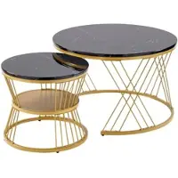 OKWISH Salontafel Set – Nestbaar Rond 2-Delig – Hoogglans Marmerprint – Gouden Metalen Frame – Voor Woonkamer – MDF Zwart PU – 70x70x47 / 45x45x40 cm