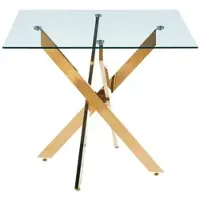 OKWISH Eettafel met glazen blad, metalen onderstel in kruisvorm, 80 x 80 x 75 cm, geschikt voor keuken of eetkamer, goudkleurig