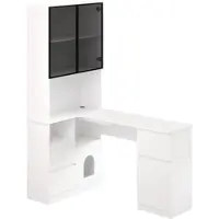 OKWISH Hoekbureau Met Kast En Led-Vitrinekast - 3 Lades 2 Deuren - Kabeldoorvoer - MDF Wit - 120x80x180 Cm