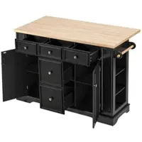 STILVORA Keukeneiland 130,5 Cm – Uitklapbaar Werkblad 40-65 Cm – 5 Lades & Verstelbare Planken – 2 Stopcontacten + 2 Usb – Zwart