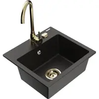 Mexen Milo granieten spoelbak 1-komorig met keukenmengkraan Telma, zwart/goud - 6505-75-670200-50