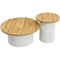 OKWISH Salontafelset Rond - Flexibel Hoofdtafel En Bijzettafel - Woonkamer Scandinavische Stijl - MDF Naturel - 75x75x50 En 45x45x35