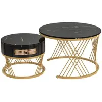 OKWISH Salontafel – 2-delige Ronde Set – Marmormotief Tafelblad – Kunstrotan Laden – Houten Grepen – Gouden Poten – Zwart – 70x70x45,5 / 50x50x38,5 cm