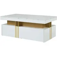 OKWISH Salontafel 100x50x40cm - Woonkamer Tafel met 2 Laden - Modern en Ruim - Voor Dagelijks Gebruik - Hout - Wit met Marmeren Tafelblad
