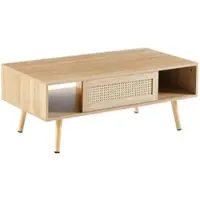 OKWISH Salontafel - Rotan Vlechtwerk - Schuifdeur Met Opbergruimte - Voor Woonkamer Slaapkamer Kantoor - MDF Naturel H40 B105 D55 Cm