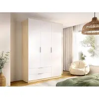 Vente-unique Kledingkast 3 deuren 2 lades - B137 cm - Wit en licht naturel - KALONY
