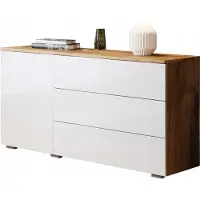 MINIO go for it Moderne Dressoir Kommode Paris 110 cm – 3 Lades & 1 Deur – Push-to-Open Systeem – Wotan Eiken & Wit Hoogglans – Breedte 111 cm
