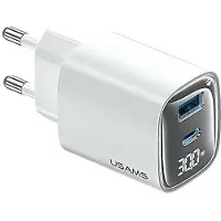 Usams oplader, 30W GaN, LED, USB+USB-C, wit (model CC229)
