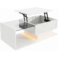 OKWISH Salontafel - In Hoogglans - In Hoogte Verstelbaar - Met Glazen Blad En Sfeerverlichting - Voor Woonkamer - Wit - 100x50x33-47,5 cm