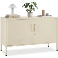 TecTake Stalen Dressoir - TV Meubel - 100 x 42,5 x 65 cm - Commode - Verstelbare Planken - 2 Deuren met Magneetsluiting - Lowboard - Metalen Kast - Crème