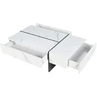 OKWISH Salontafel – Moderne 3 Lades – Met App-Gestuurde LED-Verlichting – Onregelmatig Design Met Marmerpatroon – Hoogglans Spaanplaat Wit – 105×60×35 cm