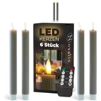 Novaliv LED-kaarsen met timer Taupe GRIJS 6 stuks Binnen 6 uur ECHTE WAS geribbeld 23 cm hoogte voor kaarsen 2,2 cm diameter 2 AAA-batterijen vereist LED-kaarsen set van 2 2X bewegende vlam