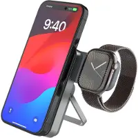 FIXED MagZen 5 Stand Powerbank 5000mAh Grijs – MagSafe Draadloos Opladen met Apple Watch Ladestand en USB-C 20W | 3 Apparaten Tegelijk