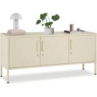 TecTake Stalen Dressoir - TV Meubel - 120 x 37,5 x 55,5 cm - Commode - Verstelbare Planken - 3 Deuren met Magneetsluiting - Lowboard - Metalen Kast - Crème