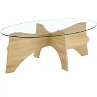 OKWISH Salontafel - Ovale Veiligheidsglas Tafelblad Met Onderplank - Voor Woonkamer En Eethoek - MDF Houtlook Transparant - 104,9×60 cm