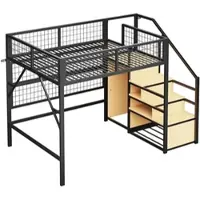 MODFU Hoogslaper 140x200 cm van metaal – zwart – met opbergtrap, open kledingkast en app-gestuurde LED – industrieel design