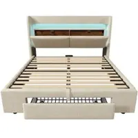 MODFU Bedframe 160x200 cm, gestoffeerd linnen beige, met opbergruimte en LED-hoofdbord