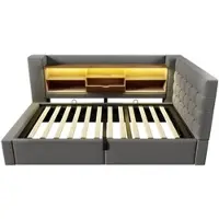 MODFU - Eenpersoonsbed Met Ledverlichting, Opbergruimte En Matras - L-Vormig Hoofdbord - Linnen - Grijs - 90 x 200 cm