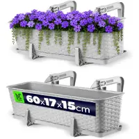Kadax Balkonpot met onderzetter, plantenbak, balkonbak met wateropeningen, bloembak voor rozen, oleander, imitatie rotan (60 cm, met houders, lichtgrijs)