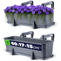 Kadax Balkonpot met onderzetter, plantenbak, balkonbak met wateropeningen, bloembak voor rozen, oleander, imitatie rotan, 60 cm, met houders, grafiet