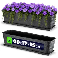 Kadax Balkonpot met onderzetter, plantenbak, balkonbak met wateropeningen, bloembak voor rozen, oleander, imitatie rotan (60 cm, antraciet)