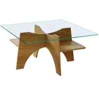 OKWISH Salontafel - Vierkant Minimalistisch Ontwerp - Voor Woonkamer En Balkon - Veiligheidsglas Transparant En MDF Licht Hout - 80x80x40 cm