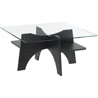 OKWISH Salontafel - Minimalistisch Design - Voor Woonkamer Balkon Kantoor - Veiligheidsglas En MDF Zwart Houtlook - 80×80×40 Cm