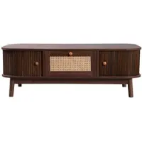 OKWISH Salontafels Koffietafel - Rechthoekige Salontafel Met Rattan Lade - Schuifdeuren En Massief Hout Poten - 110x55x38,5 cm - Massief Hout + Spaanplaat - Bruin