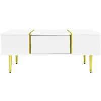 OKWISH Salontafel - Hoogglans - Woonkamer - Wit Met Goudkleurige Metaalaccenten - 100×60×41,5 Cm - 2 Lades