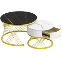 OKWISH Salontafel Set Van 2 - Inschuifbaar Ontwerp - Marmerlook Blad - Met Lade - Verstelbare Poten - MDF Zwart