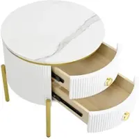 OKWISH Bijzettafel Met 2 Lades - Marmerlook Voor Woonkamer Slaapkamer - MDF Wit Met Goudkleurige Poten - 50×50×51 Cm