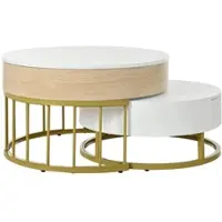 OKWISH Koffietafel - Salontafel Rond 2 Delige Set - Grote Klapbare Tafel + Kleine Tafel Met 2 Laden - Stijlvol Voor Woonkamer - 70x70/56,5+60x60 cm - MDF - Wit + Houtkleur