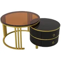 OKWISH Koffietafel - Rond 2 Delige Set Met Glasplaat En 2 Laden - Modern En Praktisch Voor Woonkamer - 70x70+50x50 cm - MDF + Plastic + Glas + Metaal - Zwart, Bruin
