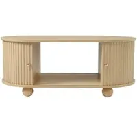OKWISH Salontafel – Ovaal Ontwerp – 2 Schuifdeuren – Industriële Verticale Structuur – Met Opbergruimte En 180° Opening – MDF Bruin – 100x50x40 cm