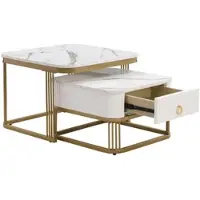 OKWISH Koffietafel - Vierkante 2 Delige Salontafel Set - Wit Marmor Optiek Met Gouden Metalen Frame - Modern Voor Woonkamer - 60x60+50x50 cm - MDF + Metaal - Wit en Goud