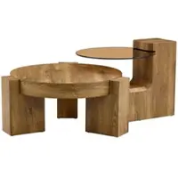 OKWISH Salontafelset Rond - 2 Delig Inschuifbaar Ontwerp - Voor Woonkamer Slaapkamer Balkon - MDF Houtlook Bruin Getint Glas - 61x30 cm