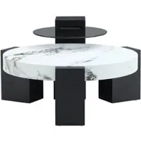 OKWISH Bijzettafelset Rond - Afneembaar Tweedelig Ontwerp - Voor Woonkamer Slaapkamer Balkon - MDF Wit Marmerlook Zwart - 61+44 Cm