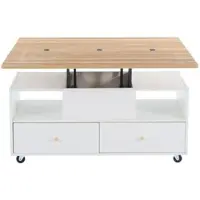 OKWISH Salontafel - In Hoogte Verstelbaar En Uitklapbaar - Met 4 Lades En Wielen - MDF Naturel Hout En Wit - 100x50x47,5-62 Cm