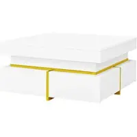 OKWISH Koffietafel - Salontafel Met Schubladen En Gouden Accenten - Vierkant - Hoogglans Voor Woonkamer - 70x70x35,5 cm - Spaanplaat - Wit