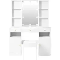 OKWISH Kaptafel Met Spiegel En Verstelbare Ledverlichting - Met Kruk - 3 Lades En 2 Deuren - Slaapkamer - Spaanplaat Wit - 110x40x151 Cm
