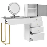 OKWISH Kaptafel Met Ledspiegel En Verlichting - 120×40×120 Cm - 5 Lades En Kast Met Glasdeur - MDF Glas Wit