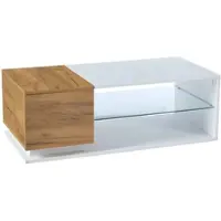 OKWISH Salontafel - Met Ledverlichting En Appbediening - Met Opbergruimte En Glazen Blad - Spaanplaat Wit Eiken - 105x50x36 Cm