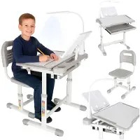Kik KX2974 Verstelbaar kinderschrijfbureau met stoel en ledlamp, witgrijs