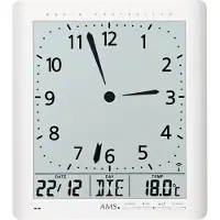 AMS funk-wandklok, met radio-ontvangst, analoge tijdweergave en digitale weergave van tijd, datum, dag van de week en temperatuur, afmetingen 21x24x3 cm, modelnummer 5896