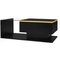 OKWISH Salontafel – Hoogglans Zwart – Met Gehard Glas – 90×50×32,5 cm – 1 Opbergvak & Open Legplanken – Dimbare LED 16 Kleuren (Bluetooth) – Spaanplaat