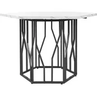OKWISH Eettafel – Zeshoekig Design – MDF Blad Met Marmerstructuur – Zwart Stalen Frame – 115,5×100 cm – Draagkracht 60 kg – Zwart+Wit