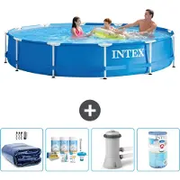 Intex Rond Frame Zwembad - 366 x 76 cm - Blauw - Inclusief Solarzeil - Onderhoudspakket - Zwembadfilterpomp - Filter - 5-delig