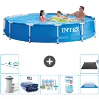 Intex Rond Frame Zwembad - 366 x 76 cm - Blauw - Inclusief Pomp - Solarzeil - Onderhoudspakket - Filter - Grondzeil - Schoonmaakset - Solar Mat - 8-delig